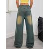 American Vintage Wide-Leg Pants Women Gyaru Embroidered Washed Design High Street Mid-Waist Straight Mid-Mop Pants Jeans