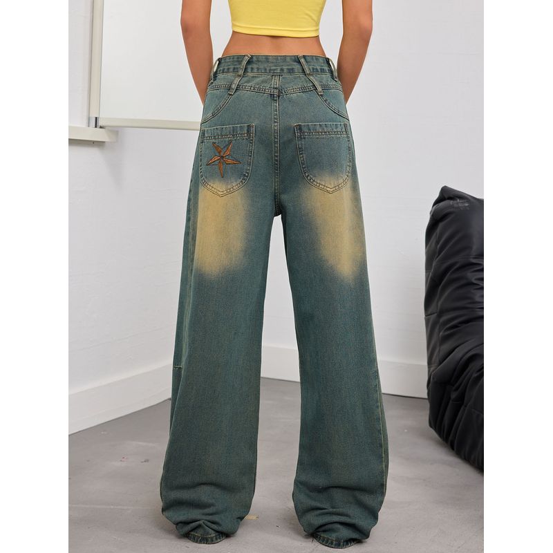 American Vintage Wide-Leg Pants Women Gyaru Embroidered Washed Design High Street Mid-Waist Straight Mid-Mop Pants Jeans