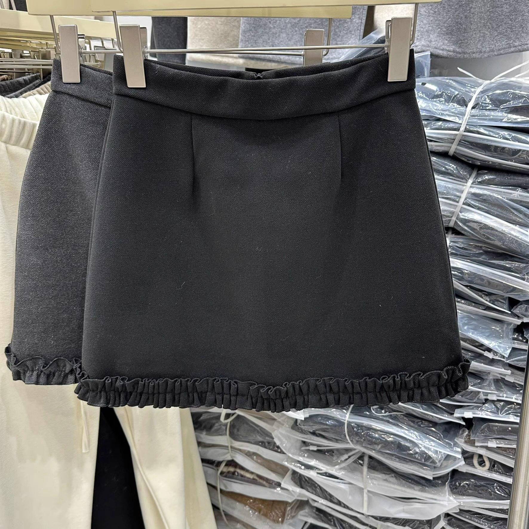 Korean Style Grey Lace Patchwork Woolen High-Waist Skirt - Women s Plus Size, Petite, Autumn 2026 Arrival. XS чёрный