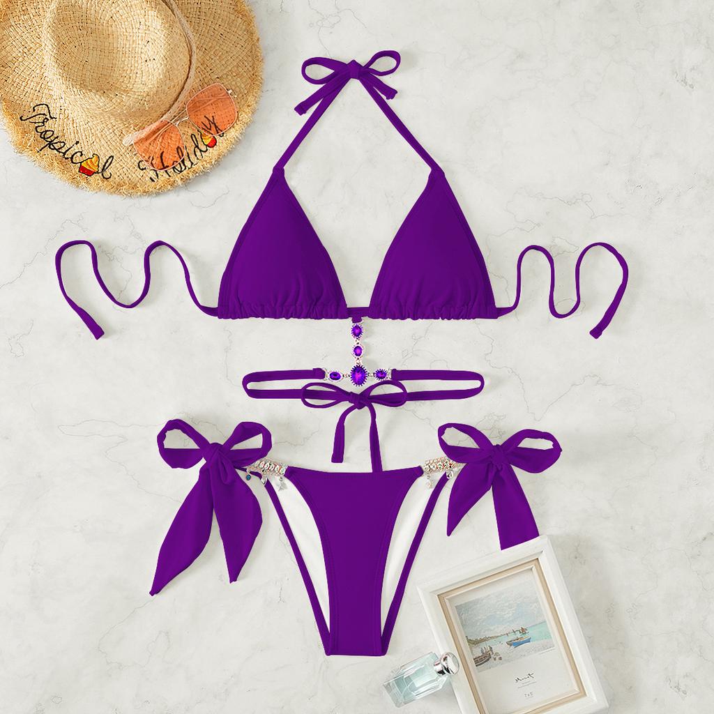 New Women'S Swimwear Crystal Diamond Triangle Bag Straps Backless Beach Bikini European And American Swimsuit