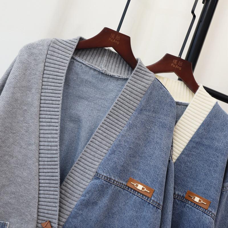 Autumn and Winter New Loose Lazy Wind Denim Splicing Design Sense Knitted Cardigan Women's Sweater Jacket