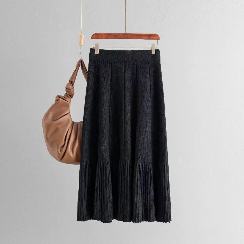 French Style New Simple and Versatile High Waist Pure Color Knitting Skirt Solid Color Knitted Skirt