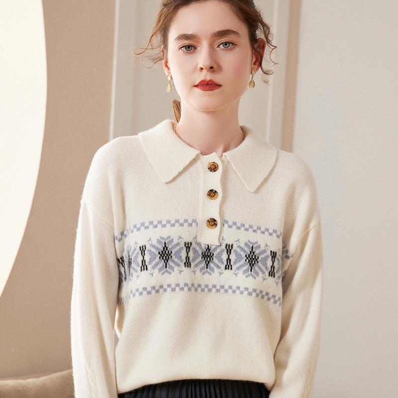 Women's Light Luxury Cashmere Polo Neck Sweater - Loose Fit Wool Knit Pullover