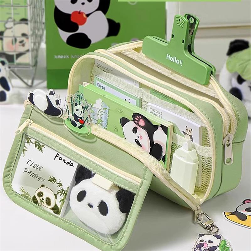 Large Capacity Panda Pencil Case, Cute Pencil Case, Zipper Pen Pouch Holder with Panda Keychains Brooch Notepad, MultiLayer Cute Pencil Case for Girls