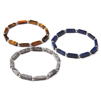 Lapis Lazuli Bracelet For Men Natural Polished Rectangle Stone Bracelets Silver Color Round Beads Charm Bangle Women Jewlery