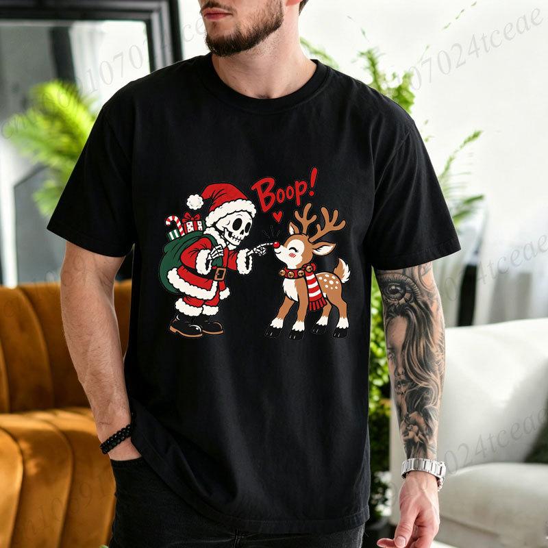 Cotton T-Shirt Christmas Skeleton Santa Reindeer Graphic Tshirt, Reindeer Boop Retro Holiday Humor Tees,Xmas Holiday Family Matching Party Tops