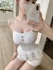 #Human Cotton Sweet Wind Polka Dot Lace Splicing Sling Vest with Lace Hem Slim Fit One-piece with Chest Pad