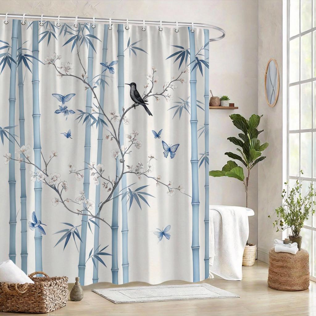 Vintage Botanical Shower Curtain 180x180cm – Blue Branches with Birds, Timeless Floral Bathroom Decor Gift, 12 Hooks