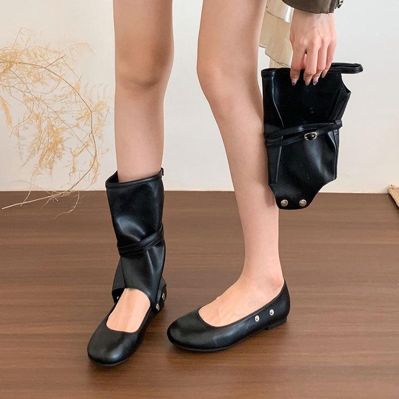 Flat-bottomed Khaki Retro Women's Boots, New Spring and Autumn with Skirts, Sandals, Thin Trousers, Boots, Medium Boots, Women