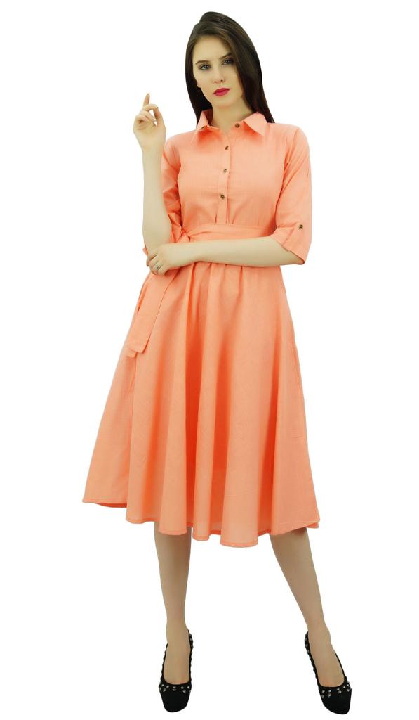 Bimba Women's 3 4 Sleeve Linen Collar Neck Solid Flared Shirt Dress with Side
