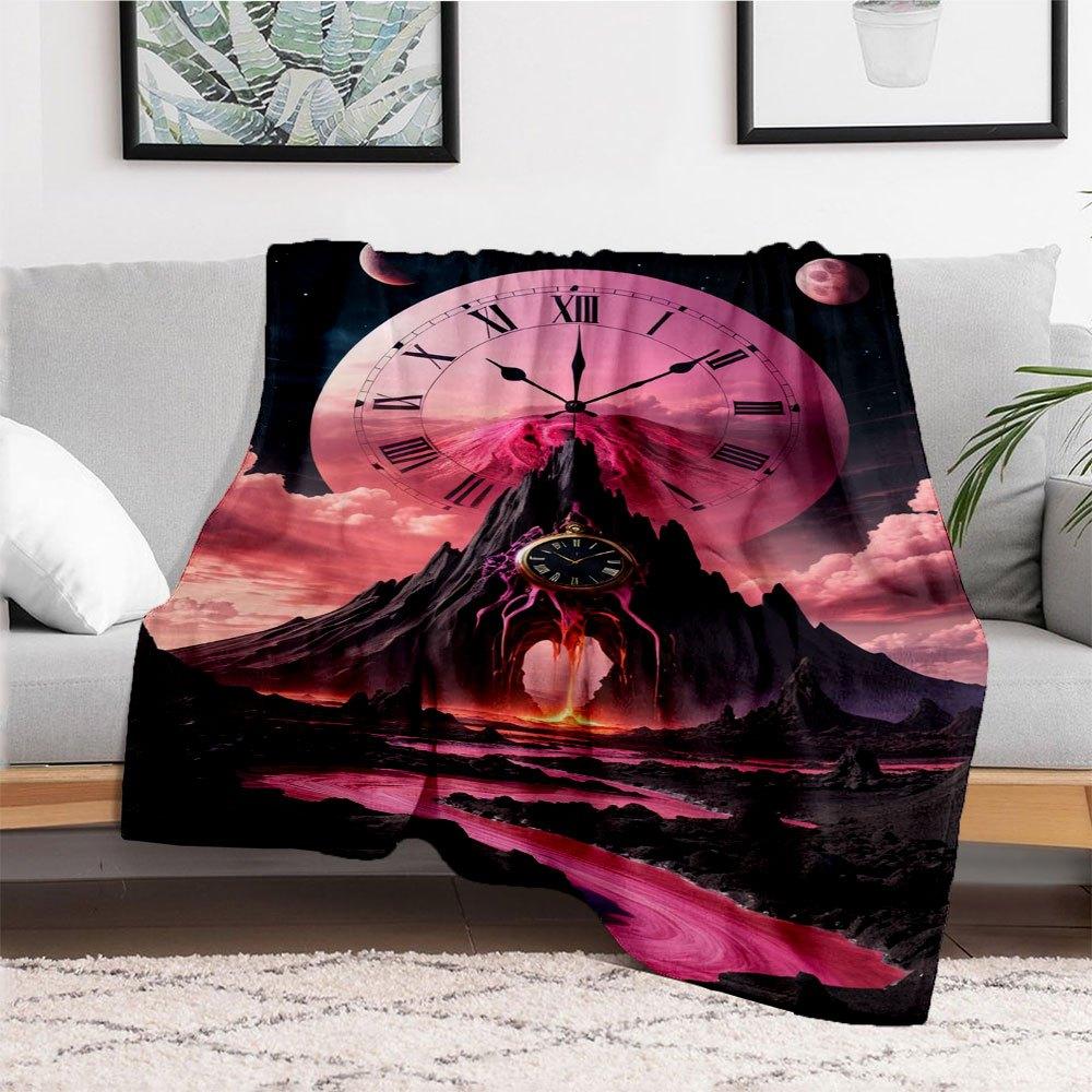 "Timeless Elegance: Large Roman Numeral Wall Clock - Surreal Landscape Design"Blanket Flannel Throw Blanket for Sofa, Bed, Travel, Camping, Office