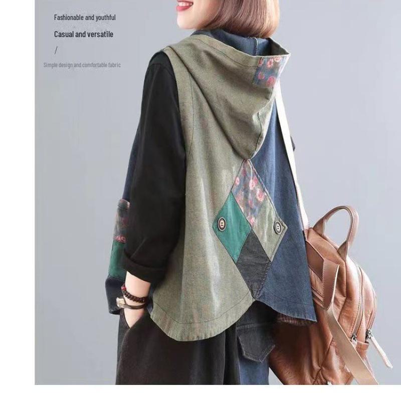 

Женский ретро корейский осенний джинсовый жилет – с капюшоном, большой размер, антивозрастной дизайн в стиле пэчворк 4XL (175-190 jin)