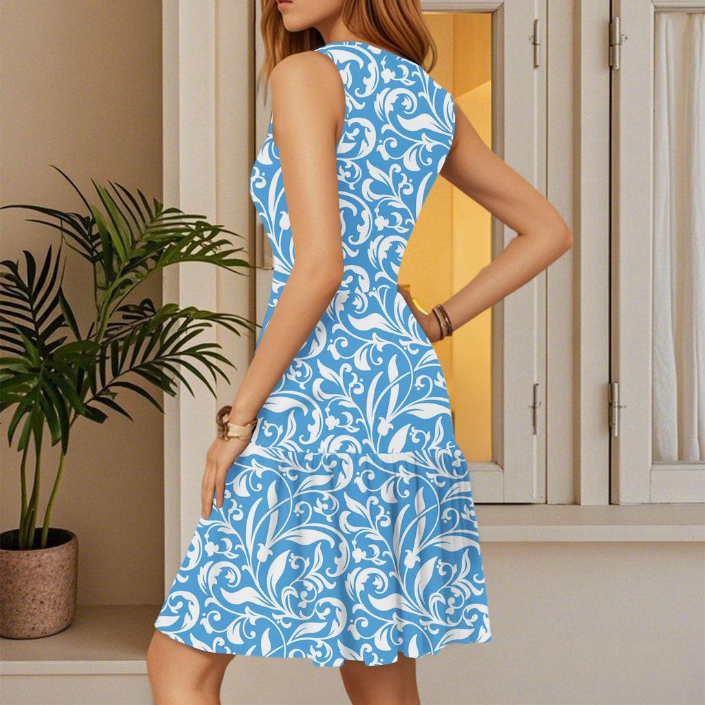 Women's Dress V-neck Sleeveless Casual Floral Print Hem Pleated Dress