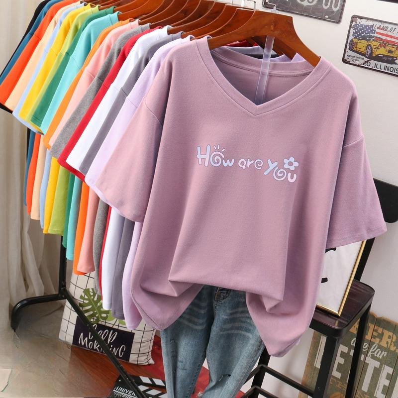 Camiseta de manga curta, Solta, Top V-neck Estampado Emagrecedor para Mulheres