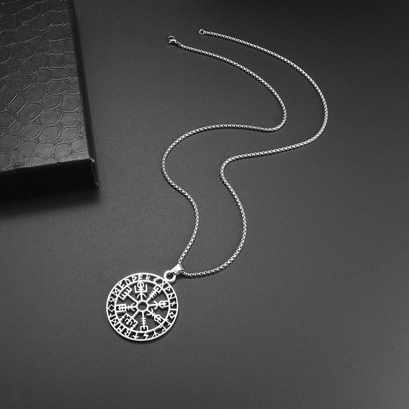 Stainless Steel Vintage Nordic Rune Compass Necklace Men Fashion Trend Amulet Nordic Jewelry