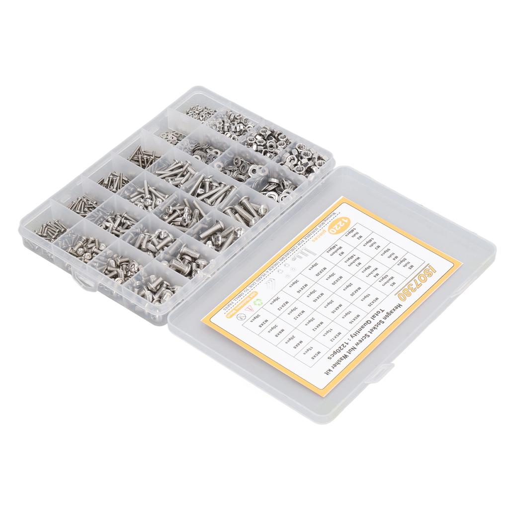 1220 Bucăți Kit Șuruburi cu Cap Hexagonal din Oțel Inoxidabil 304, Piulițe, Saibe, Rezistență Puternică la Uzură M2 M3 M4 M5