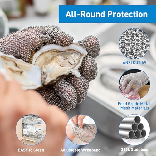 Guante Malla Acero Inoxidable XXS-XL, Protección Anticorte Nivel A9 - Material Grado Alimenticio Resistente para Cocina, Carnicería, Chef