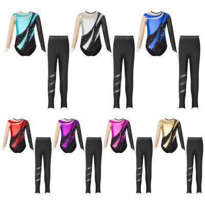 Gymnastikanzug für Mädchen, Metallic-Patchwork-Netz, lange Ärmel, Schlüsselloch-Rücken, glitzernde Strass-Leggings