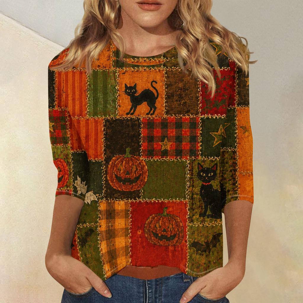 Women's Fashion 3/4 Sleeve Round Neck Top with Maple Leaf Print for Casual Wear