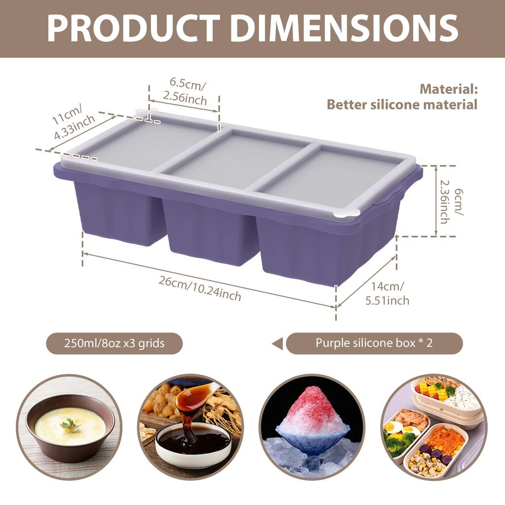 2Pcs 3 Grid Silicone Freezer Tray Food Freezer Container with Lid Soup Reusable Sauce Cube Mold Kitchen Accessories 1 Cup/250 ml