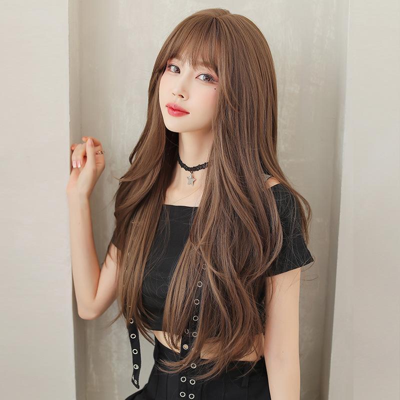 Korean Style Women’s Long Wavy Curly Wig with Air Bangs Natural Looking Big Waves Voluminous Full Wig