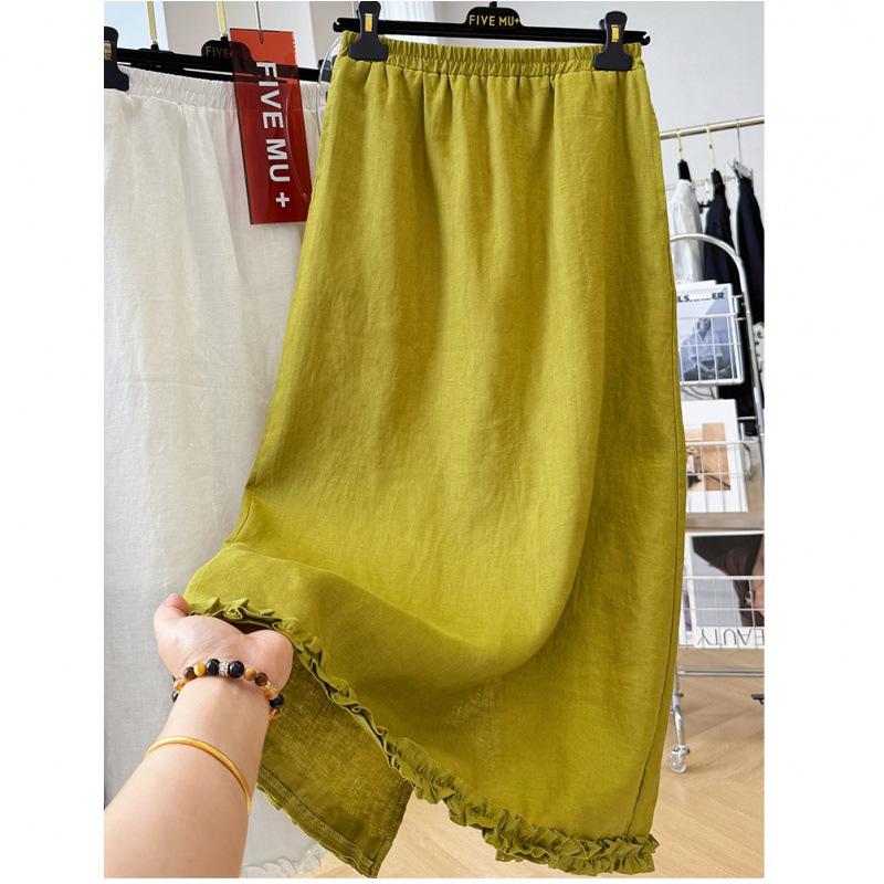 

3731 Elegant Korean-Style Linen Ruffle Midi Skirt for Women XL жёлтый/зелёный