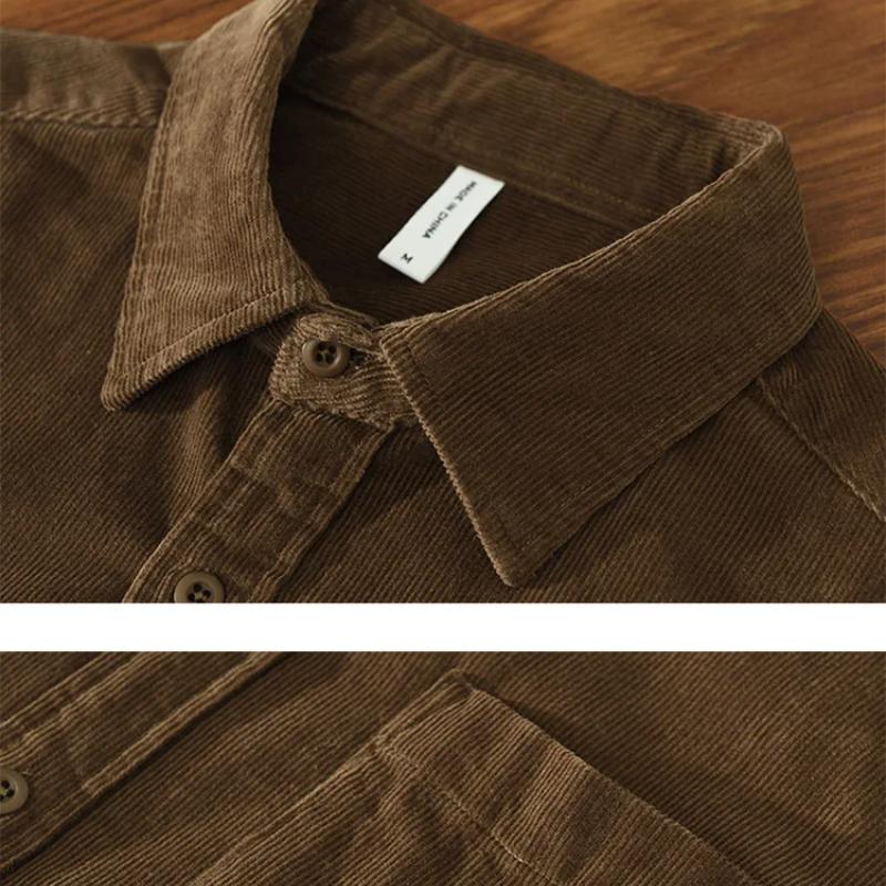 Korean Fashion Men Tops Spring/Autumn Daily Casual Long Sleeve Pure Cotton Shirts Square Collar Corduroy Solid Color Shirt Simple Style Men Clothing