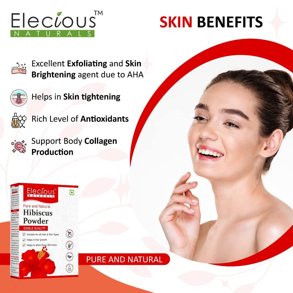 Elecious Hibiscus Powder for Hair Growth, Face and Skin Glowing Skin Ideal for Preparing Hair Pack, Hair Oil, Face Pack and Hibiscus Tea 200gm