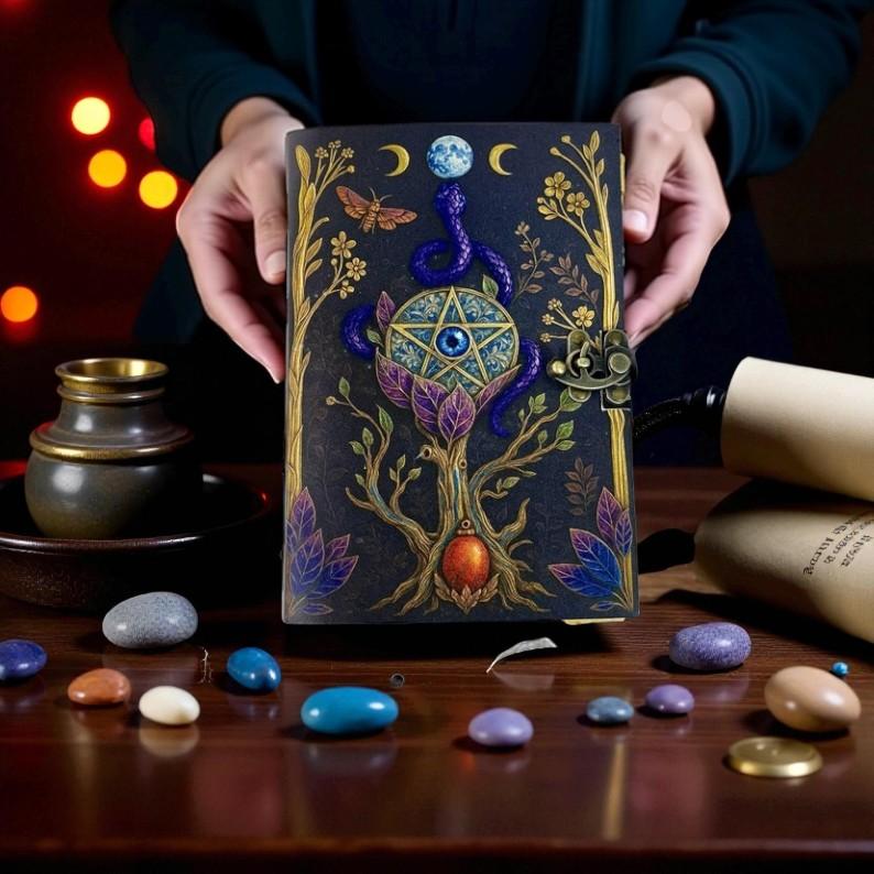 Mystic Pentacle Leather Journal | 5×7" Handmade Deckle Edge Paper | Wiccan Moon & Serpent Art Notebook | Vintage Occult Grimoire with Lock