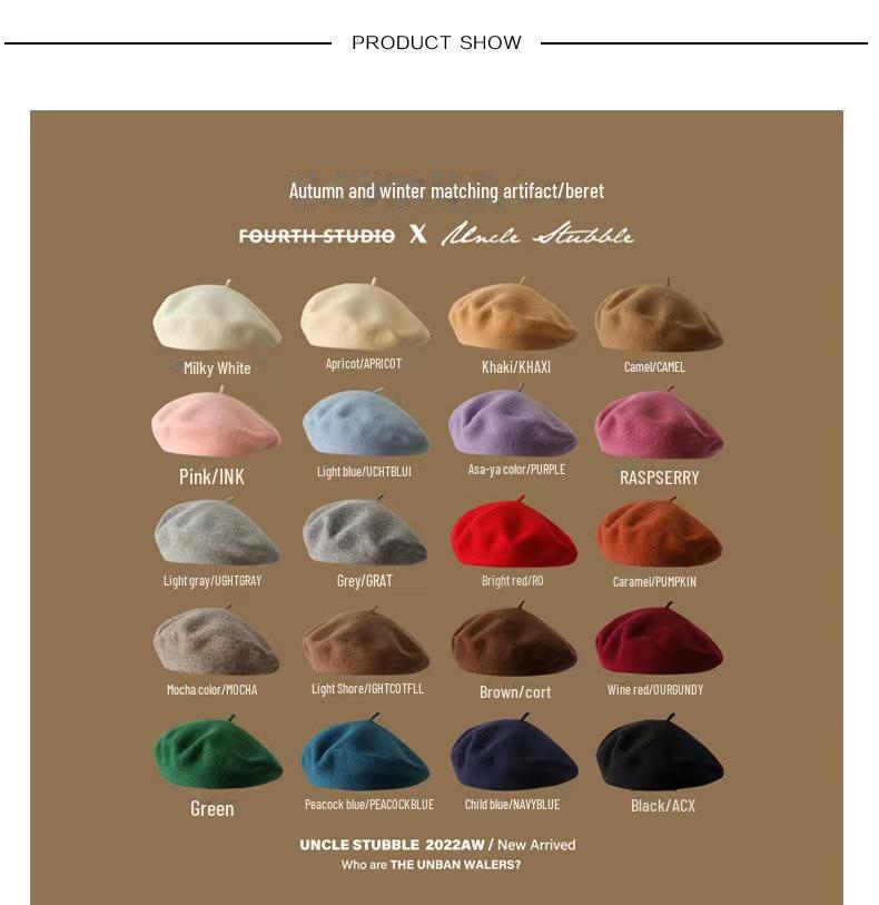 High-Quality Australian Wool Beret: Anti-Pilling, Korean Style, Solid Color, Retro Painter Hat for Girls