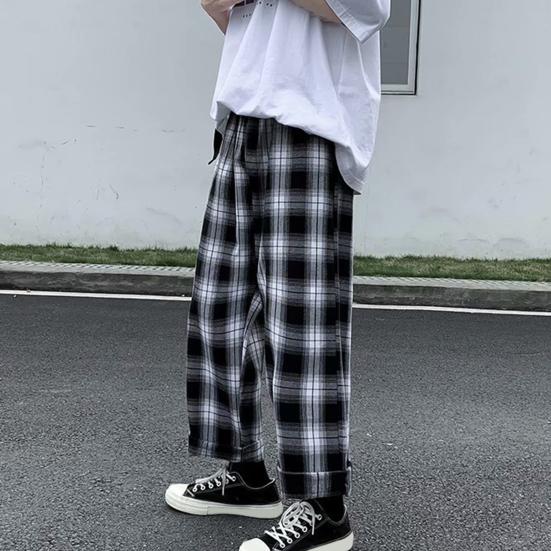 Men Pants Plaid Streetwear Wide Leg Elastic Waist Loose Sports Pants Trousers for Autumn