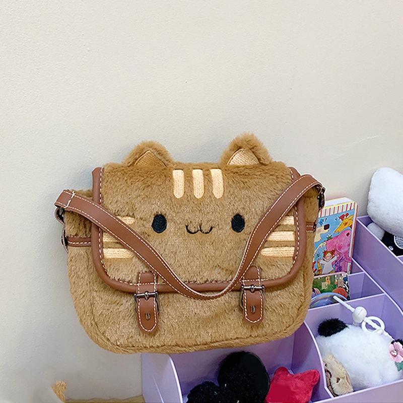 Cute Cat Face Plush Shoulder Messenger Bag For Women Lovely Beautiful Cartoon Handbag Crossbody Bags