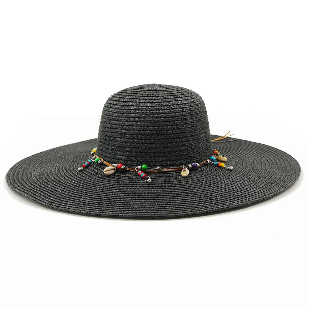 Ladies' Summer Straw Hat 13CM Large Brimmed Beach Hat Sunshade Hat Outdoor Beach Travel Hat Foldable