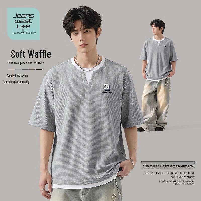 JEANSWEST LIFE Men s Faux Two-Piece Drop Shoulder T-Shirt 2XL