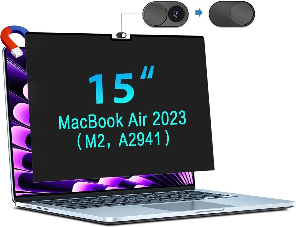 Magnetická ochranná obrazovka pro MacBook Air 15 palců(2023-2024, čip M2/M3) - A2941 A3114, Anti-Spy bezpečnostní filtr pro 15,3palcový MacBook Air