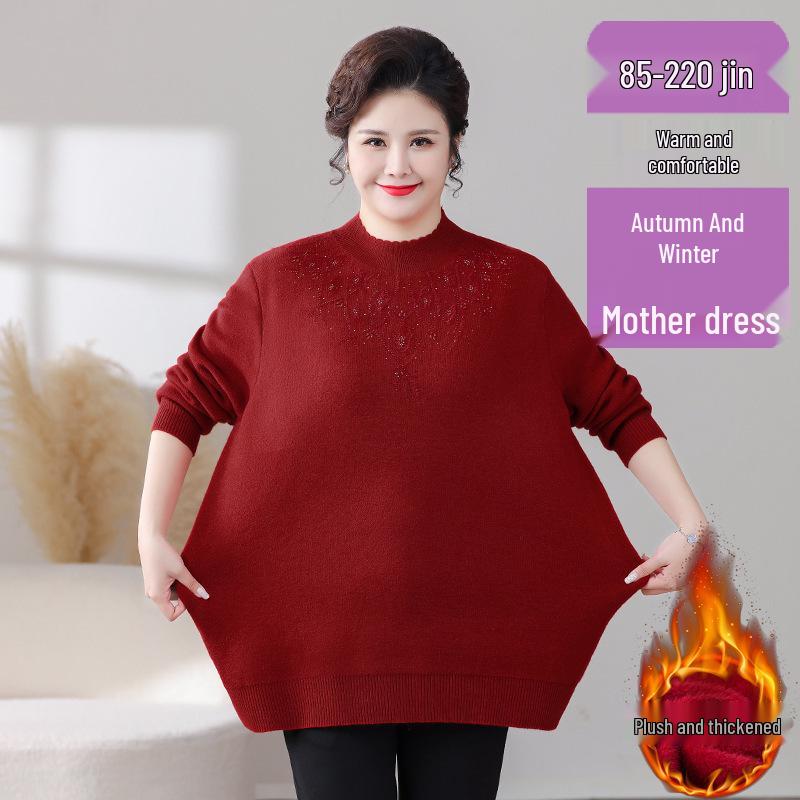 

Mom s Plus Velvet Sweater: Thick Warm Base Layer for Middle-aged and Elderly Women - Autumn/Winter XL (100-115 jin) вина червоного кольору