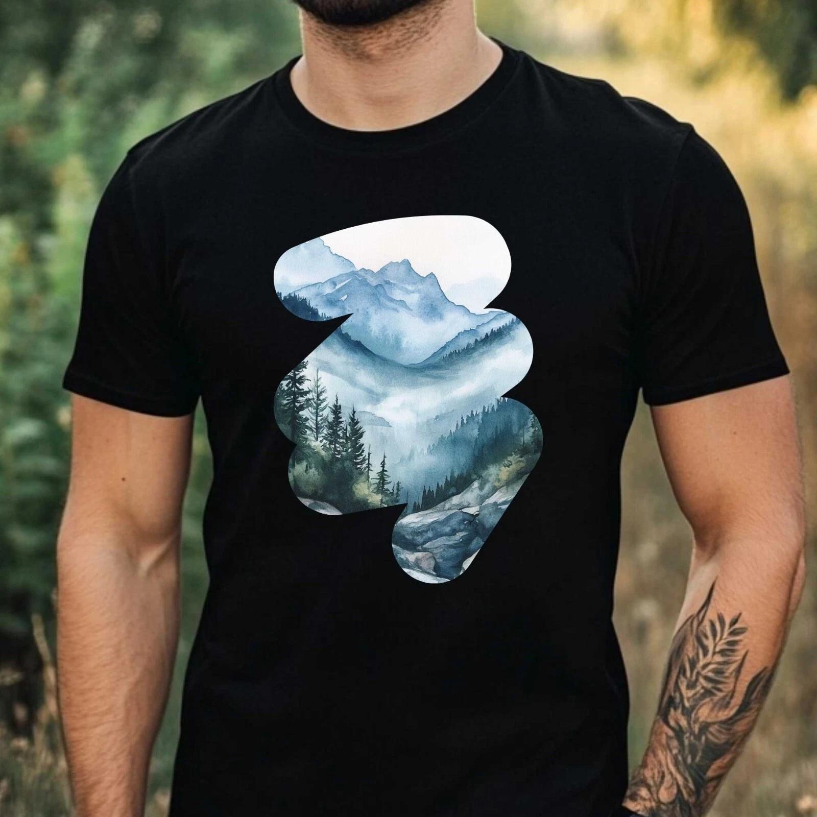 T-Shirt Herren Aquarell Berglandschaft Motiv Baumwolle Größe XS bis 5XL XXXL