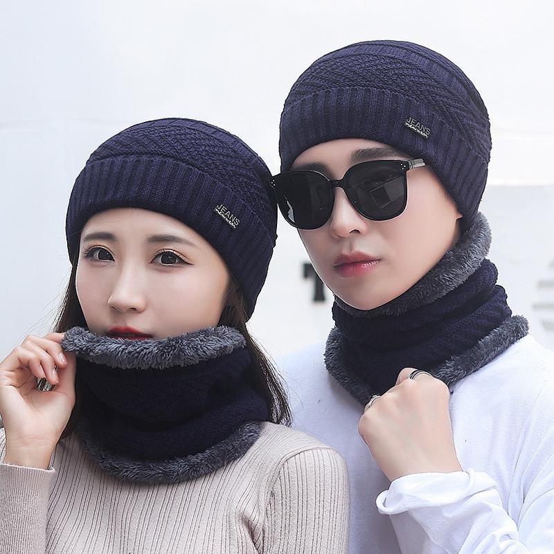 Men's Thick Knit Two-Piece Hat and Scarf Set – Warm Plus Velvet, Ear Protection for Outdoor Sports and Cycling