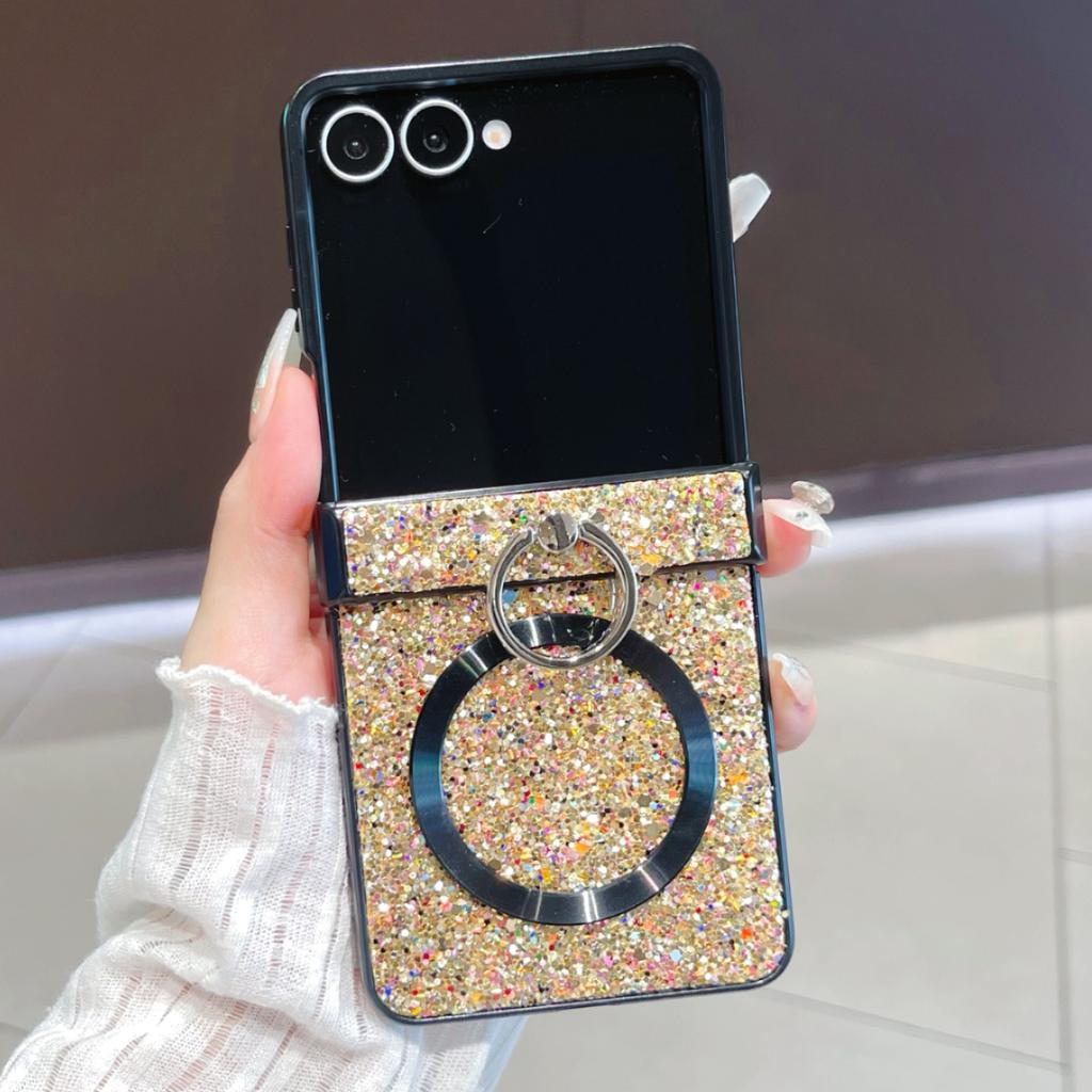 For Samsung Galaxy Z Flip 7 Ring Fold Bracket Magnetic Case for Samsung Galaxy Z Flip 6 Zflip 5 Zflip4 3 Shining Glitter Cover