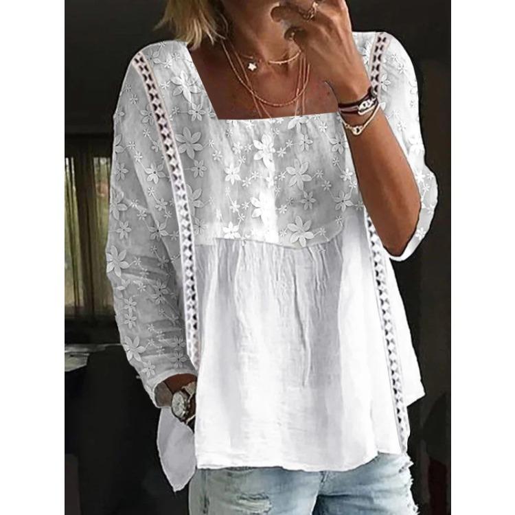 

Модные женские повседневные топы с кружевной вышивкой, свободная белая блузка с длинным рукавом, удобная и универсальная футболка для женщин, элегантная женская одежда S белый