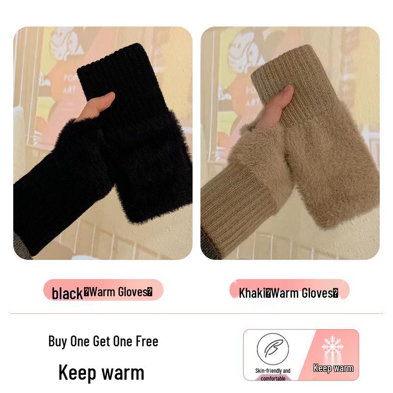 Women's Fleece-Lined Half-Finger Gloves: Cute, Thick Plush for Autumn & Winter; Ideal for Cycling & Cold Protection