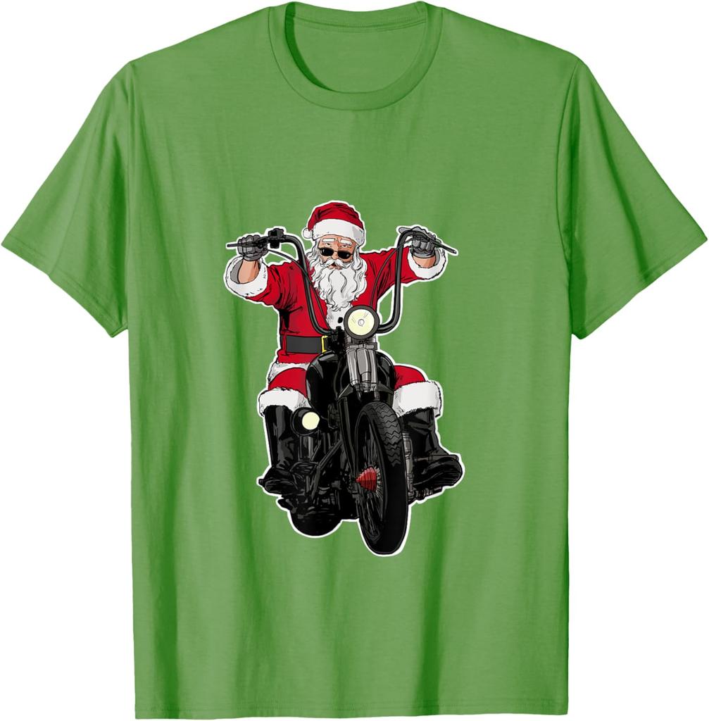 Cool Riding Motorcycle Santa Motorcycle Riding Graphic Tee Men's Casual Cotton T-Shirt