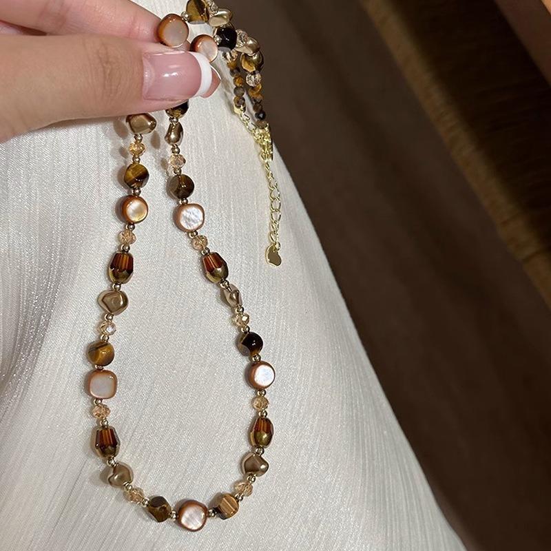 Women s Autumn and Winter Collarbone Light Luxury Niche Retro Bead Necklace Circular Alien
