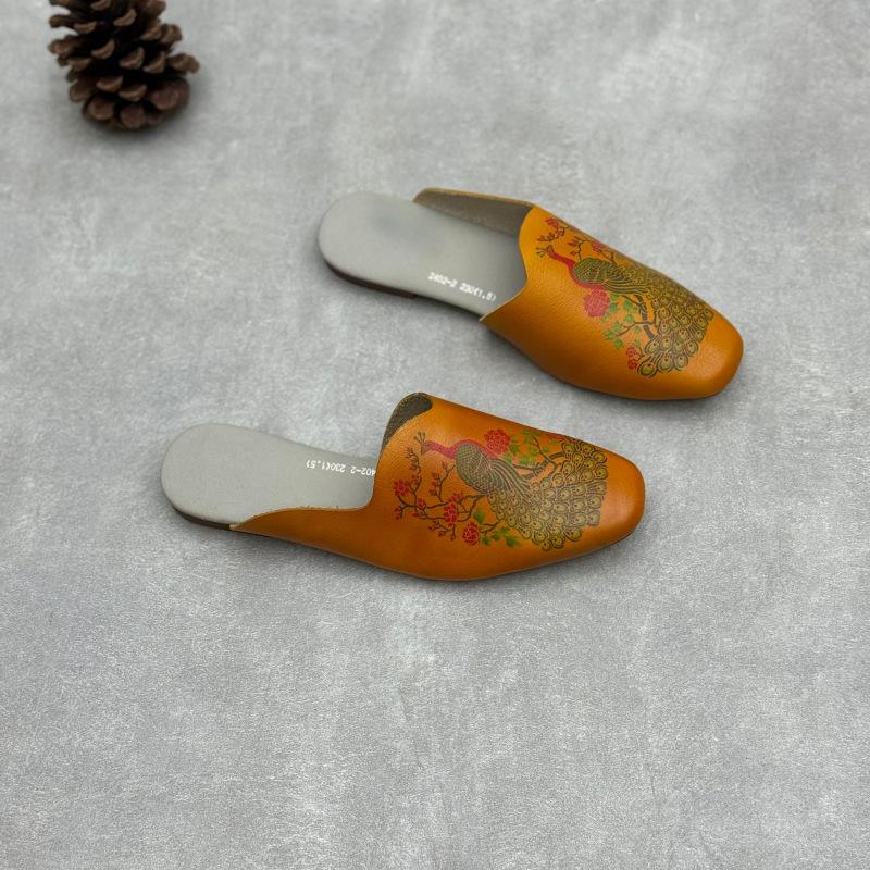 Genuine Leather Flip-flops Ethnic-style Hand-painted Shoes Cowhide Flat-bottomed Flip-flops