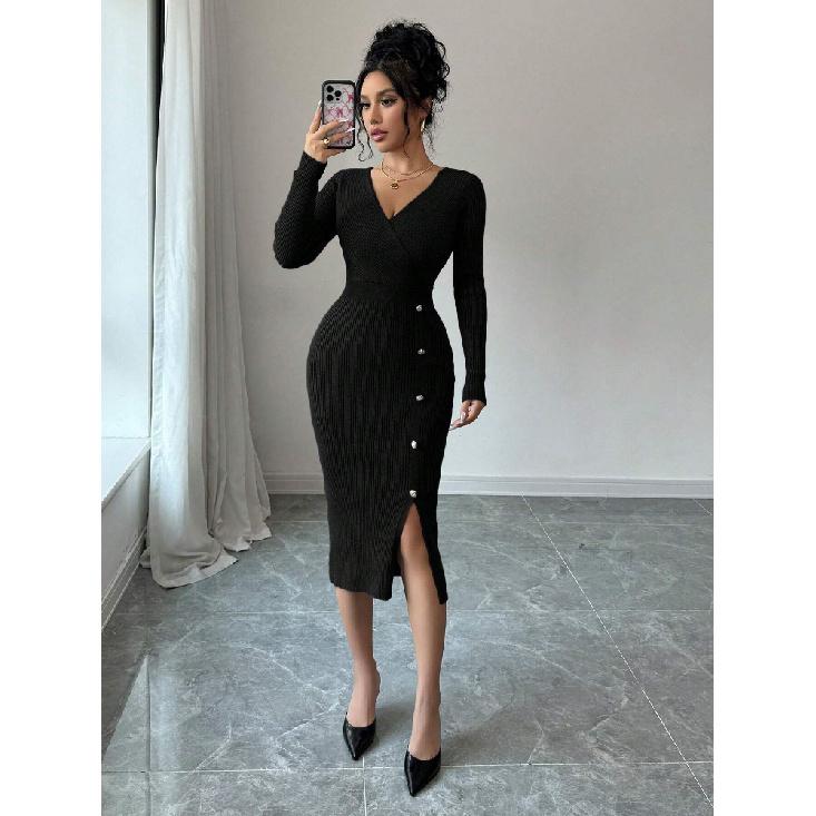 Dámský pletený zavinovací svetr s vysokým pasem, bodycon základní vrstva, spodní prádlo, středně dlouhý, s výstřihem do V, dlouhý rukáv, polyester, podzim zima