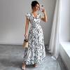 Women's White V-Neck Wrap Maxi Dress with Red Leaf Print and Ruffle Hem