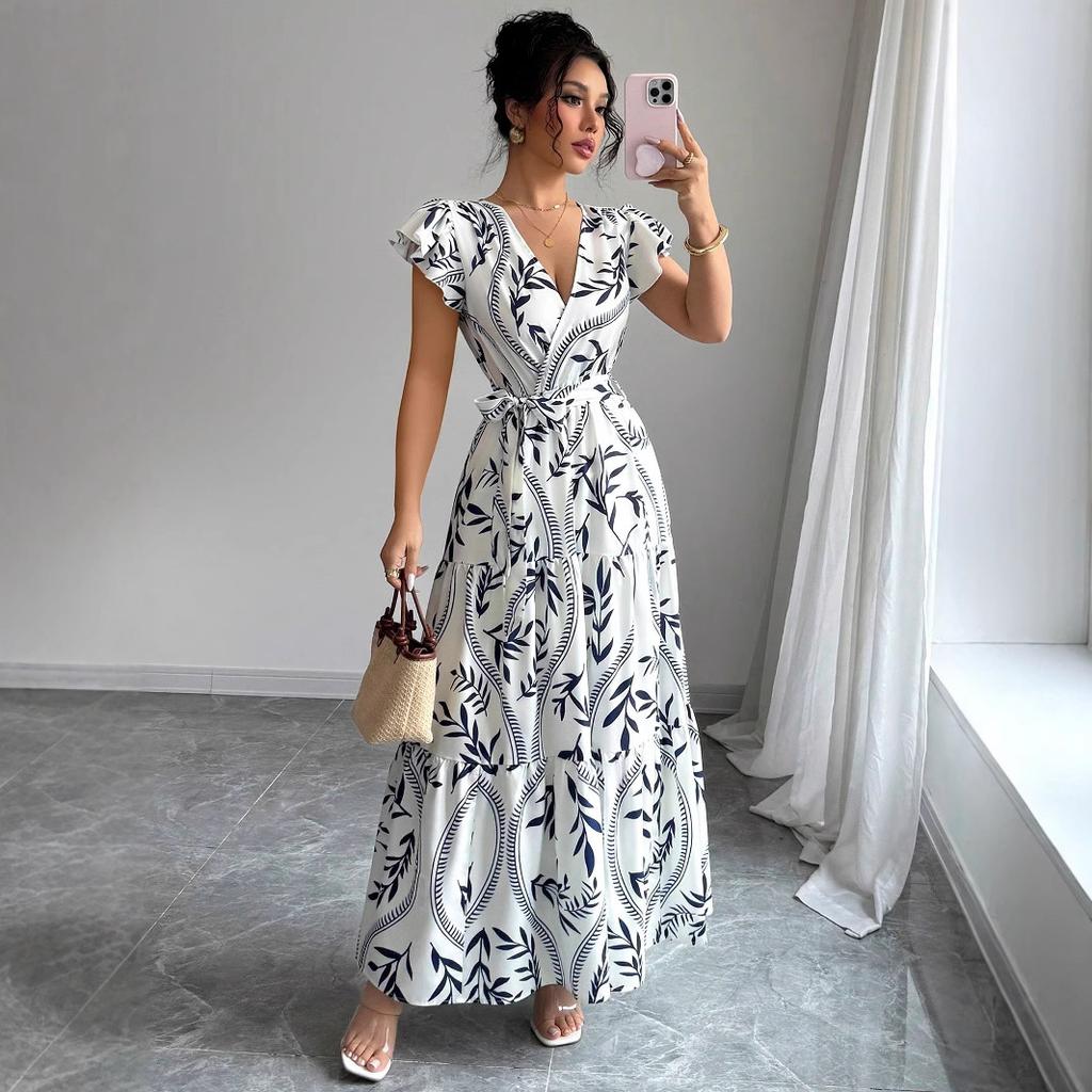 Women's White V-Neck Wrap Maxi Dress with Red Leaf Print and Ruffle Hem