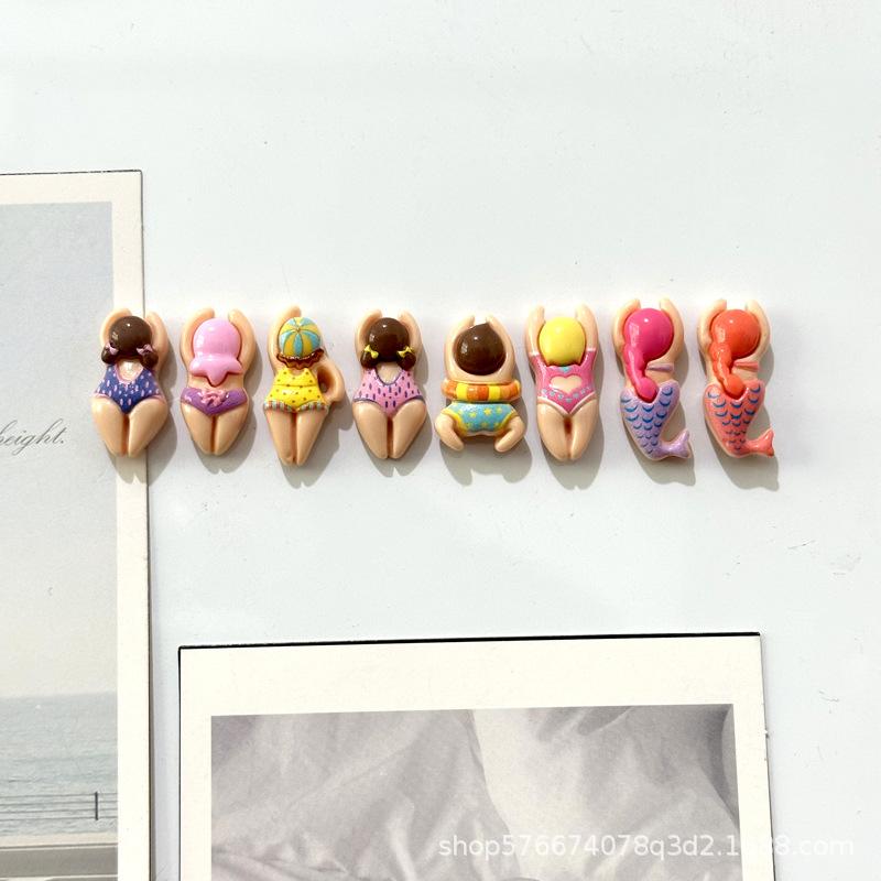6/11pcs Cute Beach Girl Mermaid Fridge Magnets Set Resin Swimsuit Bikini Refrigerator Stickers Summer Decor Kitchen Photo Wall