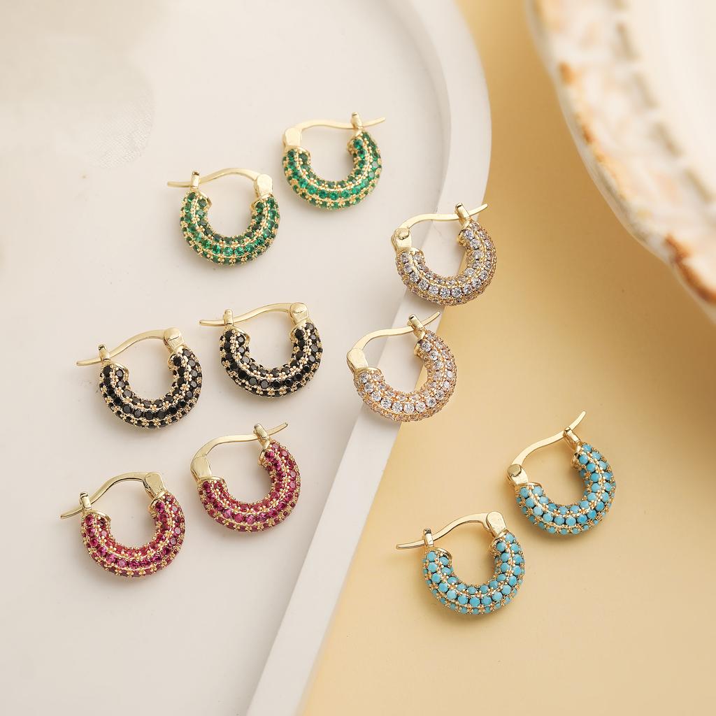 HECHENG,Bohemian Style Colourful U-Shape Zirconia Earrings Women's Fashion Sweet Romantic Style Jewellery Accessories 1 Pair