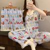 Animal Paradise Plaid Contrast Cloud Cotton Pajamas Women'S Summer Short Sleeve Casual Sweet Three-Piece Loungewear